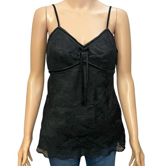 Y2K Lace Babydoll Tank Top Small Black Witchy Whimsigoth Velvet Trim Bow Long - Picture 1 of 10